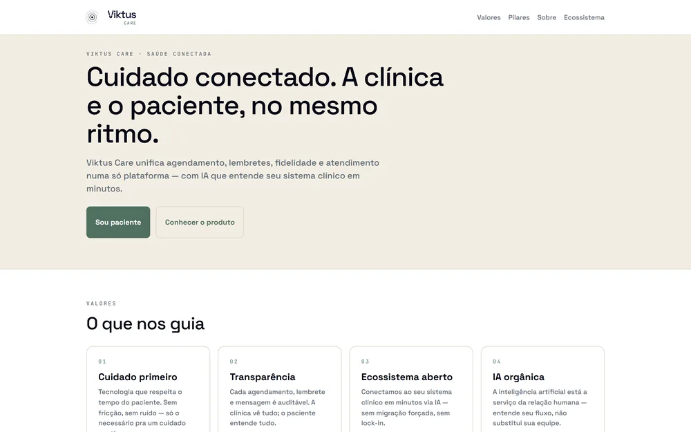Página do Viktus Care, com a chamada “Cuidado conectado. A clínica e o paciente, no mesmo ritmo”.