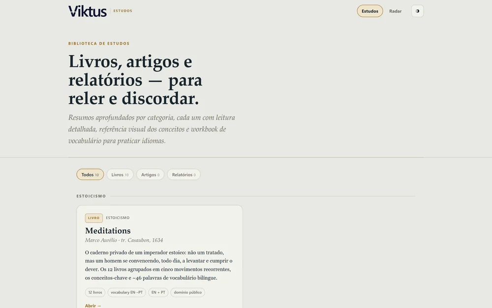 Biblioteca do Viktus Estudos, com livros, artigos e relatórios.