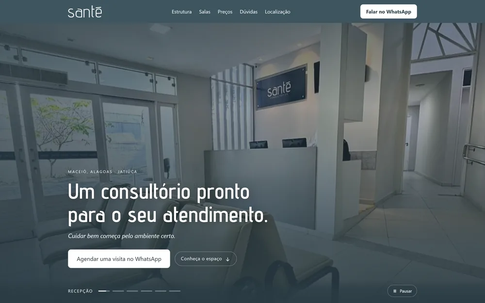 Página inicial do site da Santé Consultórios, com foto da recepção e a chamada “Um consultório pronto para o seu atendimento”.