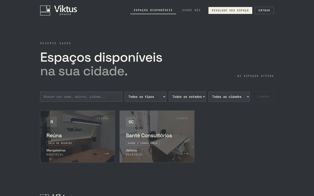 Vitrine do Viktus Spaces, listando espaços disponíveis da Reúna e da Santé.